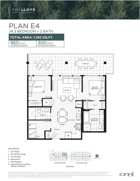 Floor plan for 3 beds, 2 baths, 860 sqft